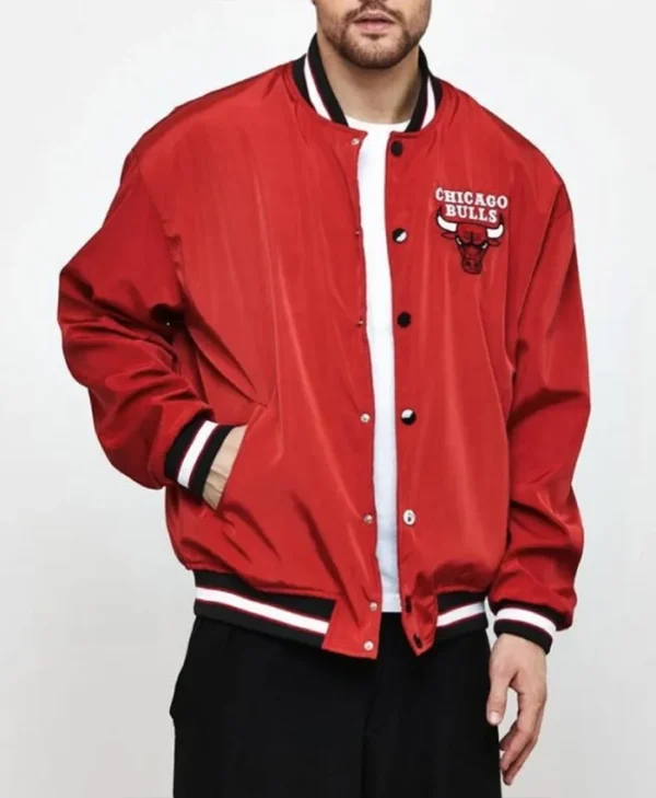 Shop Chicago Bulls Red Poly Bomber Full-Snap Jacket