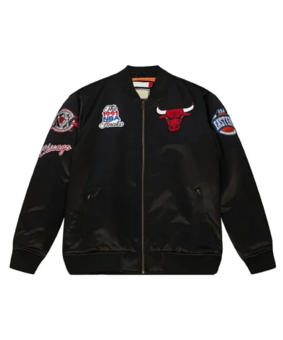 Chicago Bulls Flight Bomber Black Satin Full-Zip Jacket