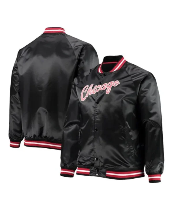 Chicago Bulls Hardwood Classics Raglan Full Snap Satin Bomber Black Jacket