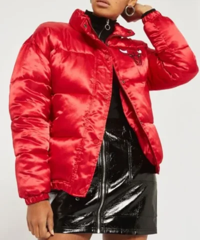 Chicago Bulls High School Puffer Shiny Red Satin Jacket