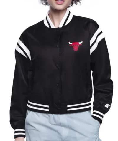 Chicago Bulls Printed Logo Satin Black Varsity Jacket