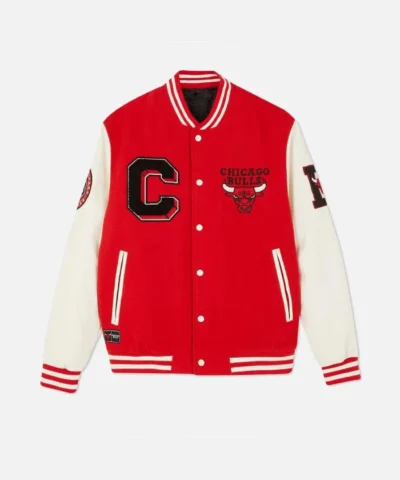 Shop Chicago Bulls Red and Off White Varsity Full-Snap WoolLeather Jacket