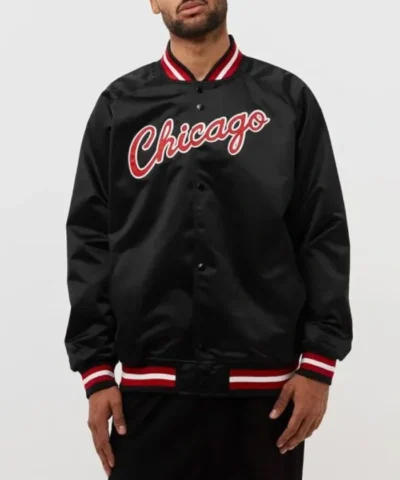 Red Logo Chicago Bulls Heavyweight Black Satin Jacket