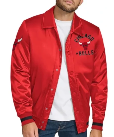 Shop Chicago Bulls Stitch Applique Full-Snap Red Varsity Satin Jacket