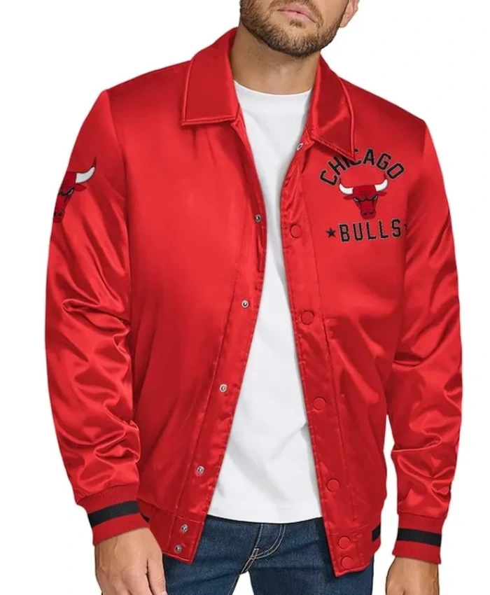 Shop Chicago Bulls Stitch Applique Full-Snap Red Varsity Satin Jacket