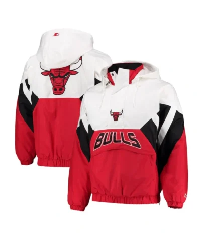Chicago Bulls The Line-Up Oxford Half-Zip Pullover Hooded WhiteRed Jacket