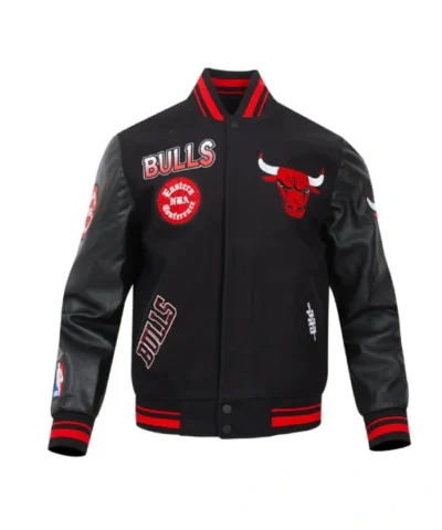 Black Chicago Bulls Turn It Up Rib Varsity WoolLeather Jacket