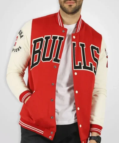 Buy Chicago Bulls Red and Cream Varsity Full-Snap WoolLeather Jacket