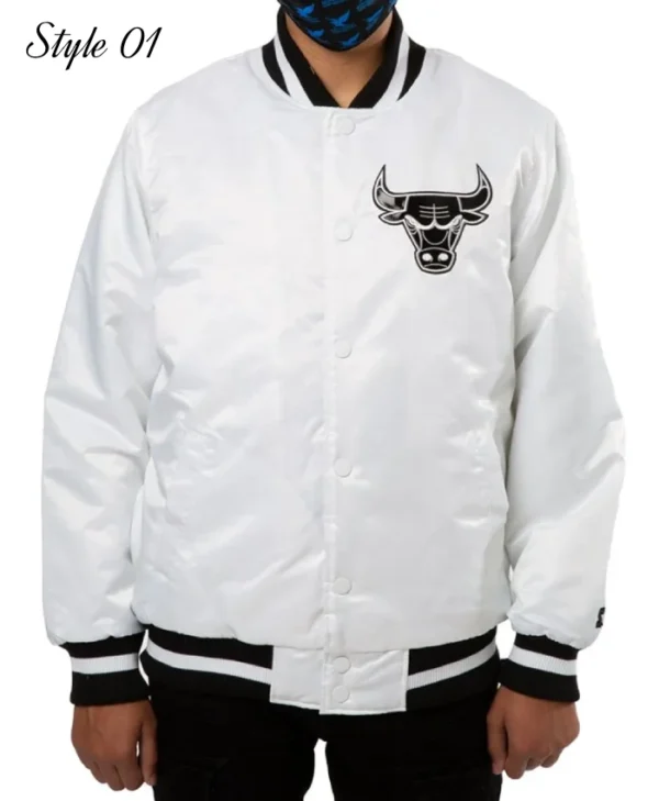 Chicago Bulls Bomber White Full-Snap Satin Jacket