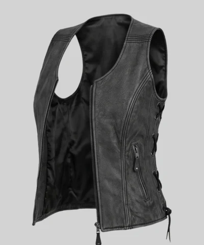 Classic Black Distressed Biker Leather Vest For Women