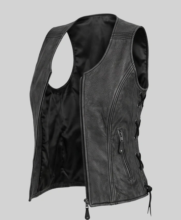 Classic Black Distressed Biker Leather Vest For Women