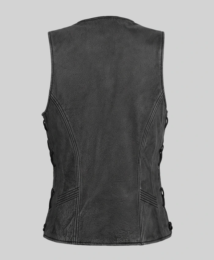 Classic Black Distressed Biker Leather Vest Womens