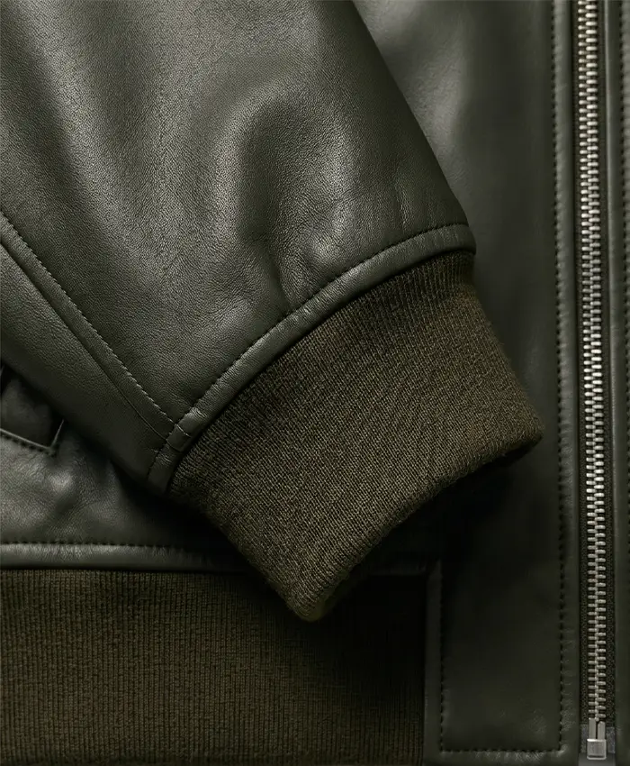 Classic Bomber Leather Jacket For Mens Close Up Sleeve