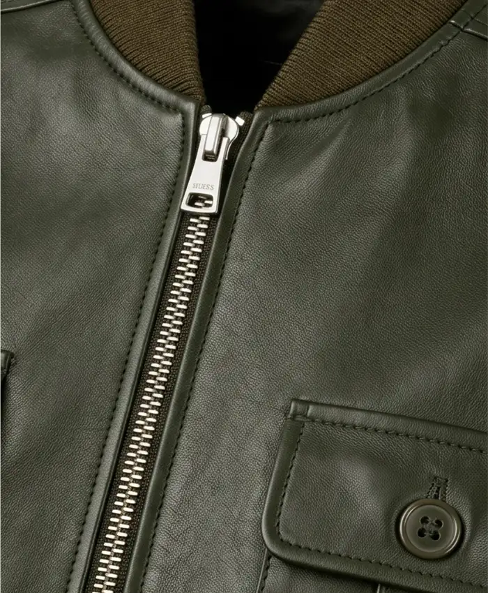 Classic Bomber Leather Jacket For Mens Front Close Up