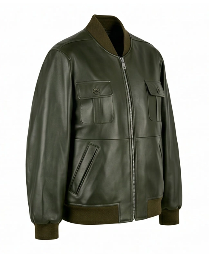 Classic Bomber Leather Jacket For Mens Front View