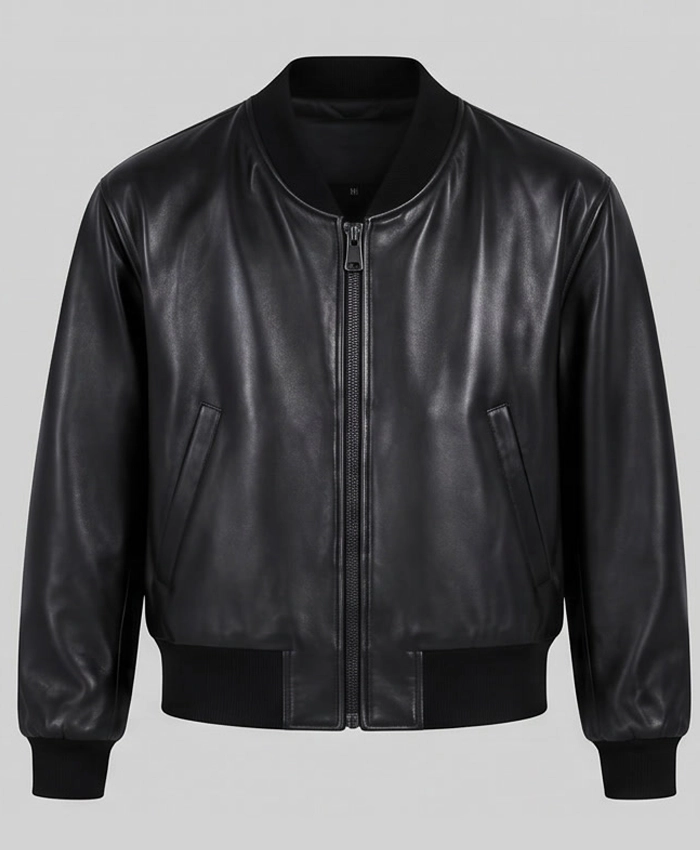 Classic Leather Black Bomber Jacket For Mens