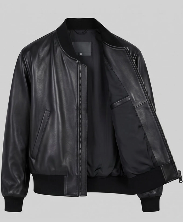 Classic Leather Black Bomber Jacket Mens