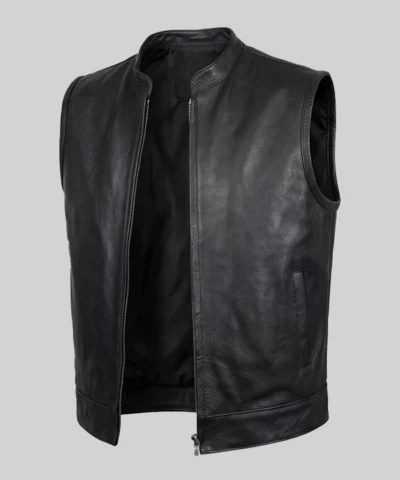 Classic Plain Black Leather Vest For Mens