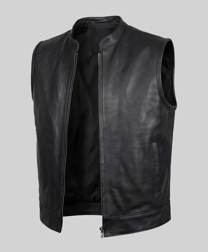 Classic Plain Black Leather Vest For Mens