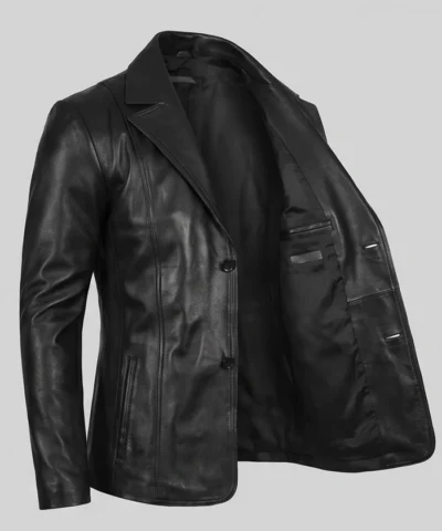 Classic Two Button Black Leather Blazer For Men