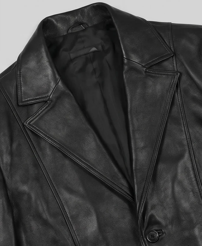 Classic Two Button Black Leather Blazer For Men Close Up Collar