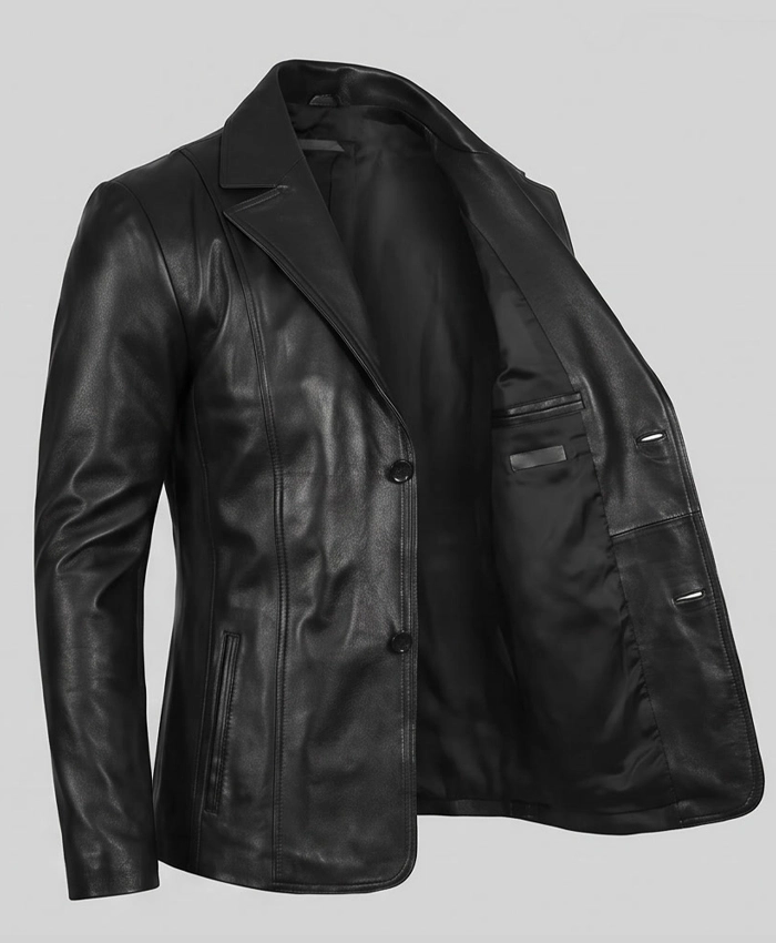 Classic Two Button Black Leather Blazer For Men