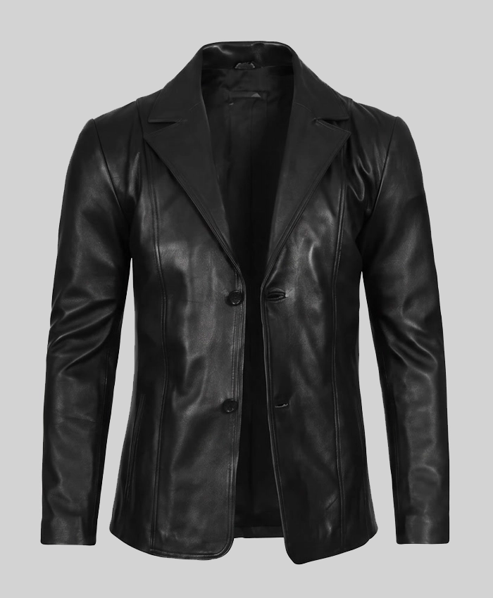 Classic Two Button Black Leather Blazer For Mens
