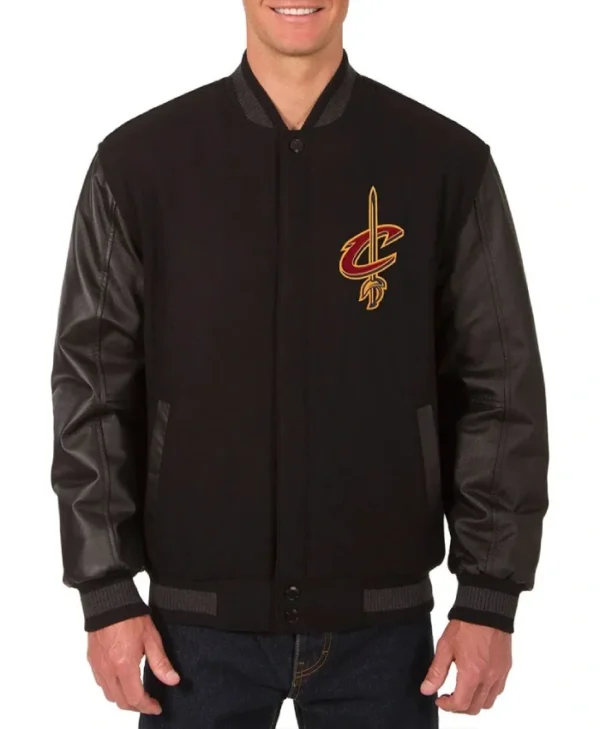Cleveland Cavaliers Embroidered Varsity WoolLeather Full-Zip Black Jacket