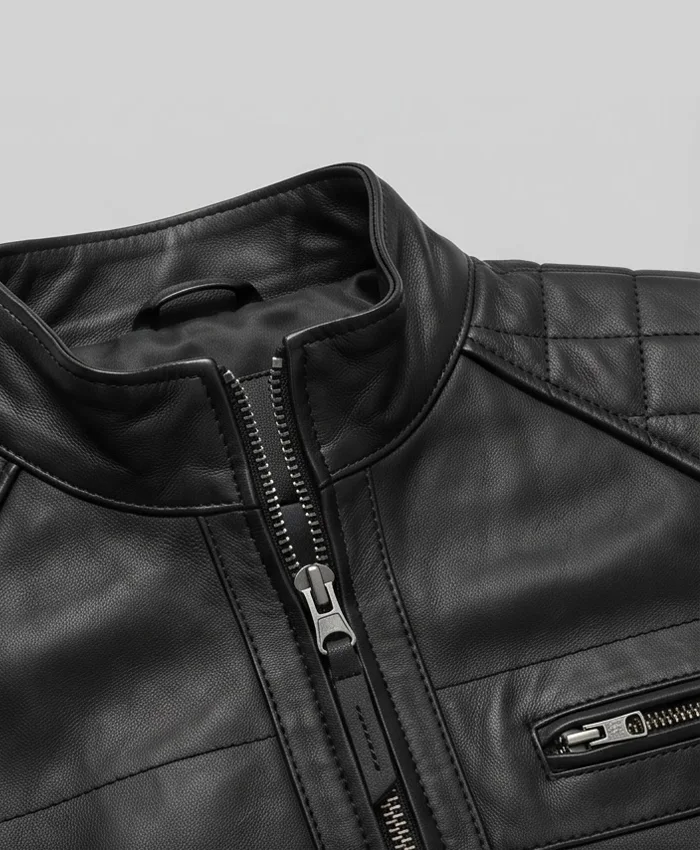 Close Up Collar with Zip Closure Black Quilted Motorcycle Jacket