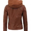 Cognac Biker Hooded Leather Jacket For Womens