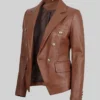 Cognac Double Breasted Leather Blazer For Women