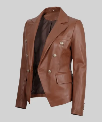 Cognac Double Breasted Leather Blazer For Women