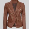 Cognac Double Breasted Leather Blazer For Womens