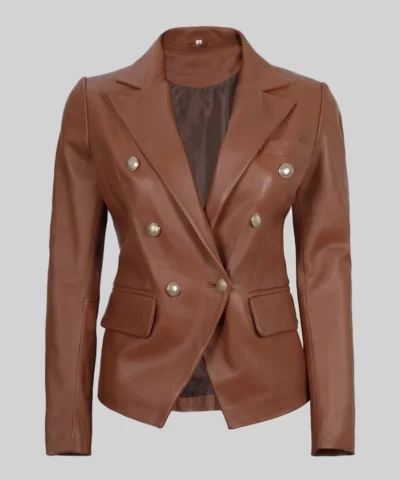 Cognac Double Breasted Leather Blazer For Womens