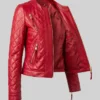 Collarless Quilted Red Leather Jacket For Women