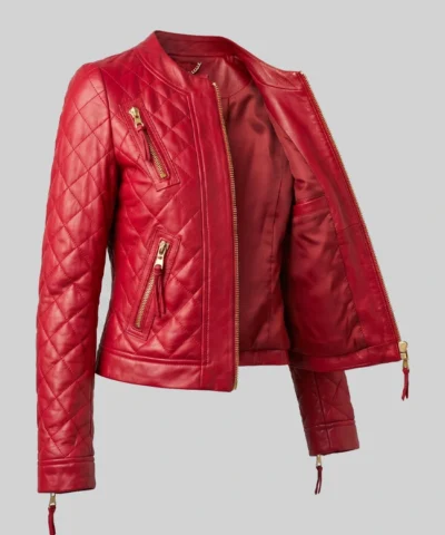 Collarless Quilted Red Leather Jacket For Women
