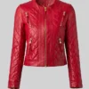 Collarless Quilted Red Leather Jacket For Womens