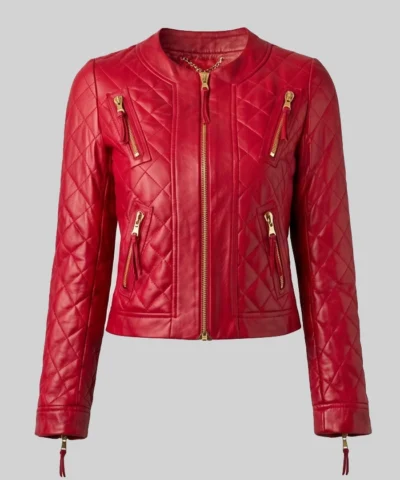 Collarless Quilted Red Leather Jacket For Womens
