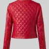 Collarless Red Leather Quilted Jacket For Womens