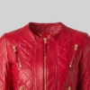 Collarless Red Leather Quilted Jacket For Womens Collarless and zip