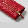 Collarless Red Leather Quilted Jacket For Womens Cuffs