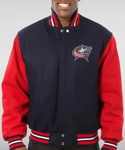 Columbus Blue and Red Rib-Knitted Wool Jacket