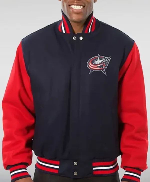 Columbus Blue and Red Rib-Knitted Wool Jacket
