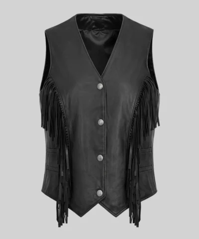 Cowgirl Black Fringe Style Leather Vest For Womens