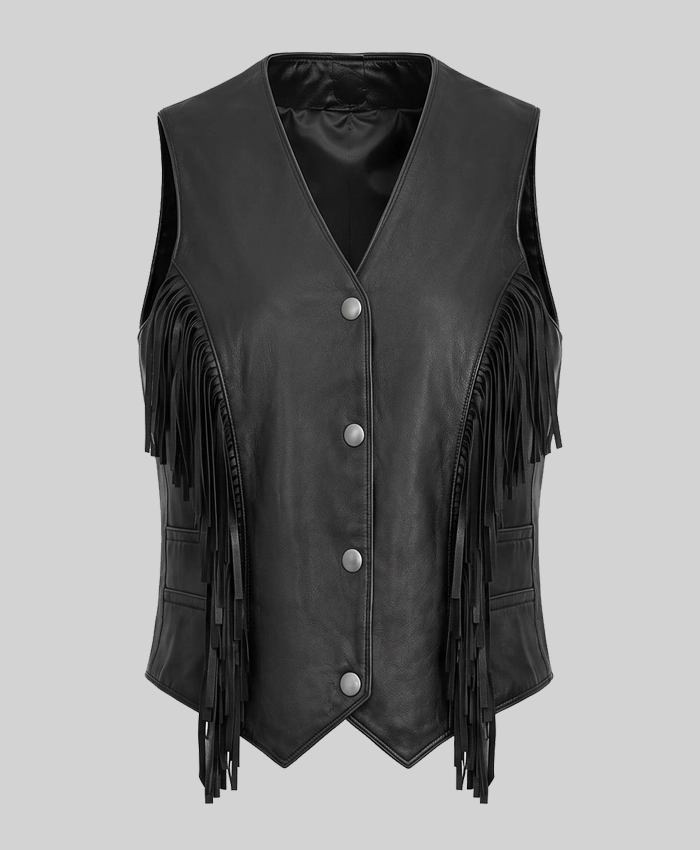 Cowgirl Black Fringe Style Leather Vest For Womens