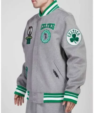 Crest Emblem Boston Celtics Heather Full-Zip Grey Wool Varsity Jacket