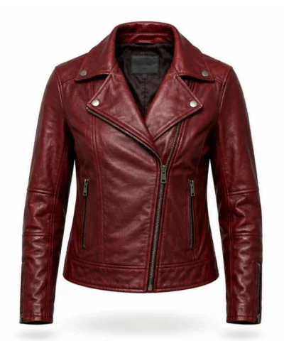 Dame Red Double Rider Leather Biker Jacket For Women