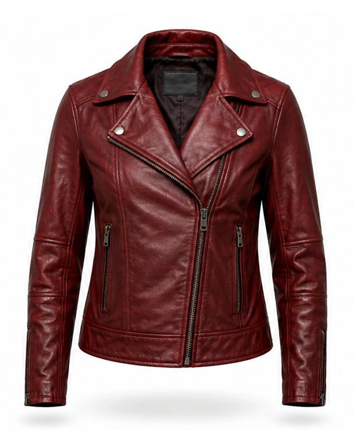 Dame Red Double Rider Leather Biker Jacket For Women