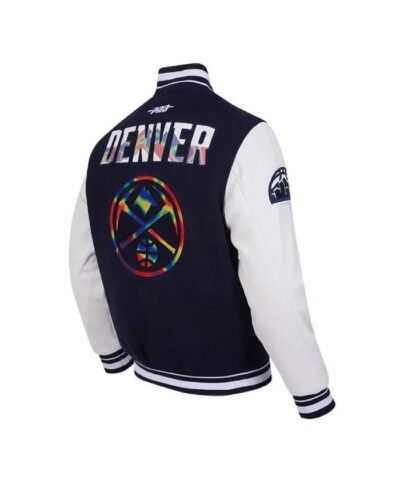 Shop NavyWhite Denver Nuggets 202425 City Edition Chenille Varsity WoolLeather Jacket
