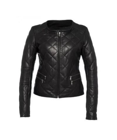 Women Stylish Diamond Pattern Black Quilted Leather Jacket